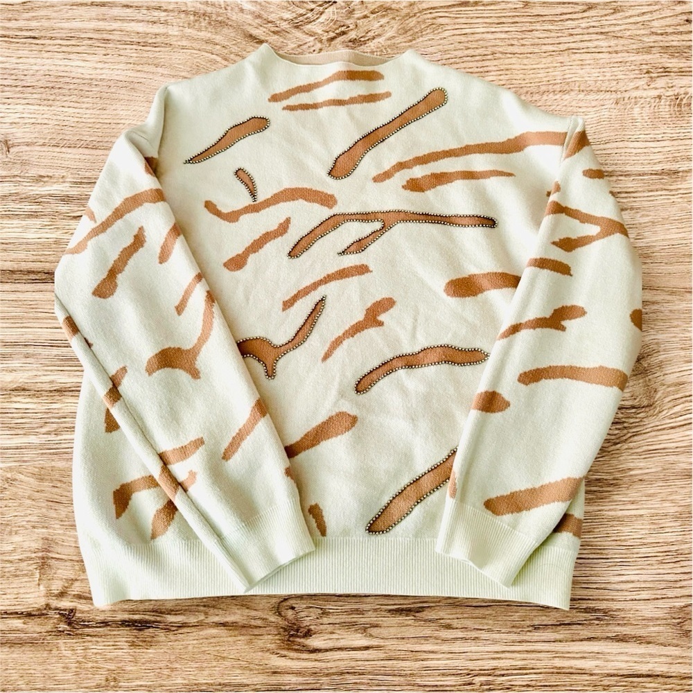 Cream & Brown Abstract Pattern Mock Neck Sweater - Size L - Picture 2 of 6